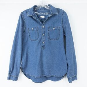 Madewell Pindot Chambray Popover Shirt Womens Medium Blue Western Country Casual